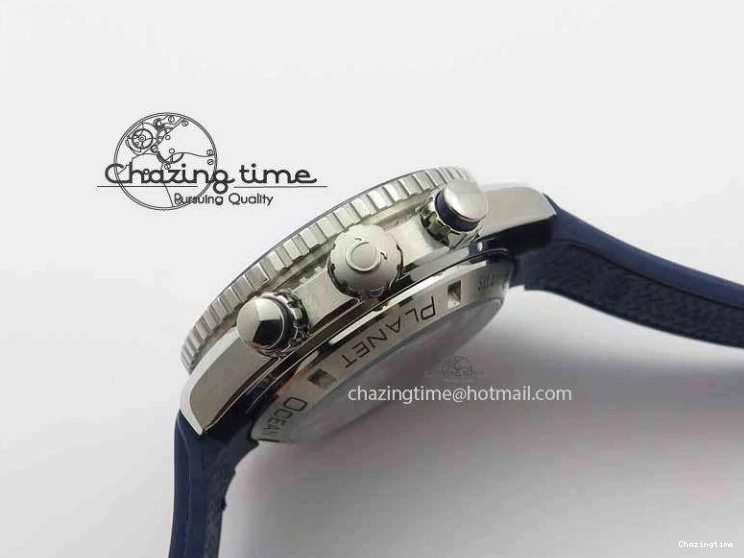 0203 Chic Planet Ocean Master Chrono 45mm SS OM 1:1 Best Edition Blue Dial On Blue Rubber Strap A 8172